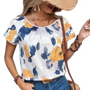 Emery Rose Women’s Blouse Floral Print Batwing Sleeve White Size Medium